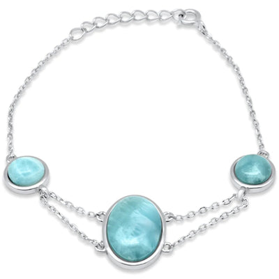 Sterling Silver Natural Larimar Oval and Round Adjustable Bracelet