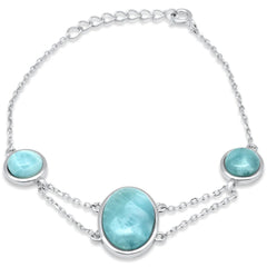 Sterling Silver Natural Larimar Oval and Round Adjustable Bracelet
