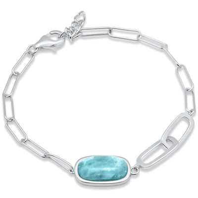 Sterling Silver Natural Larimar With Link Adjustable Bracelet