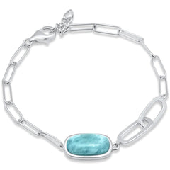 Sterling Silver Natural Larimar With Link Adjustable Bracelet