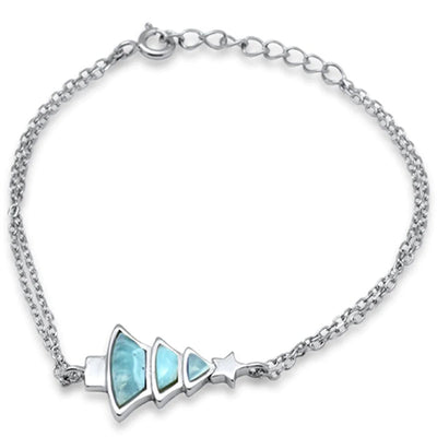Sterling Silver Christmas Tree Natural Larimar Adjustable Bracelet