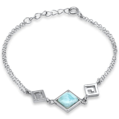 Sterling Silver Square Shape Natural Larimar and Swirl Adjustable Bracelet