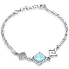 Sterling Silver Square Shape Natural Larimar and Swirl Adjustable Bracelet