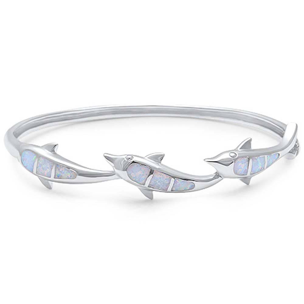 Sterling Silver White Opal Dolphin Silver Bangle Bracelet