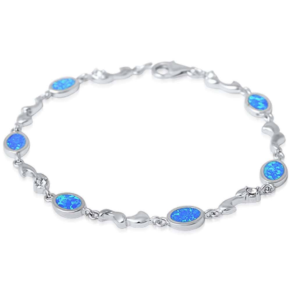 Sterling Silver Oval Blue Opal Bracelet With CZ Stones