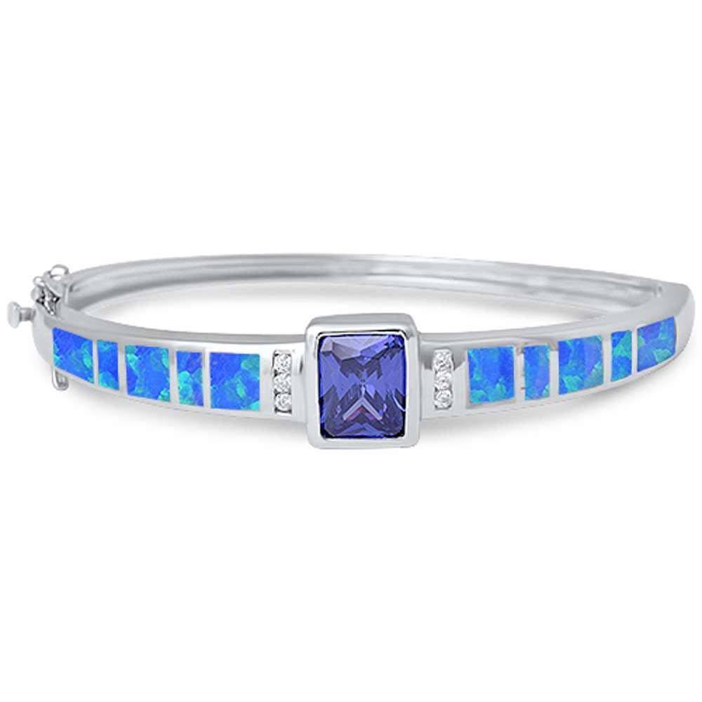 Sterling Silver Radiant TanzaniteAnd Blue Opal And Cubic Zirconia Bangle With CZ StonesAnd Thickness 12mm