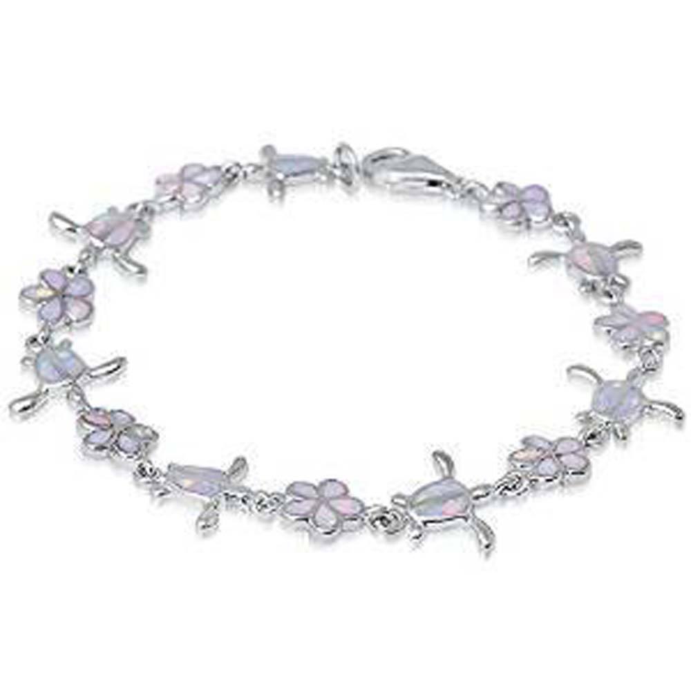 Sterling Silver White Opal Plumeria and Turtle Silver Bracelet