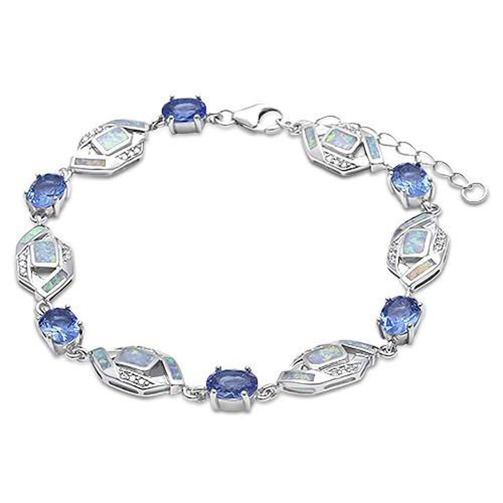 Sterling Silver Oval TanzaniteAnd White Opal And CZ Stones BraceletAnd Length 7.5inch( plus 1 inch extension)And Width 9mmAnd Thickness 15mm