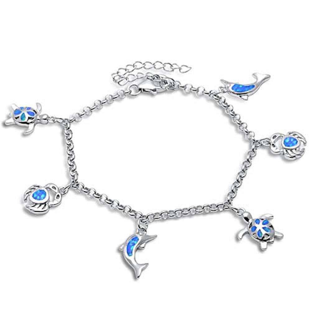 Sterling Silver Blue Opal TurtleAnd Crab and Dolphin BraceletAndLength 8 InchAndWidth 15mm