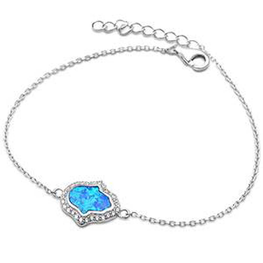 Sterling Silver Blue Opal Hamsa Symbol Silver Bracelet with CZ StonesAndLength 7 Inches plus 1 InchAndWidth 19X12.5mm