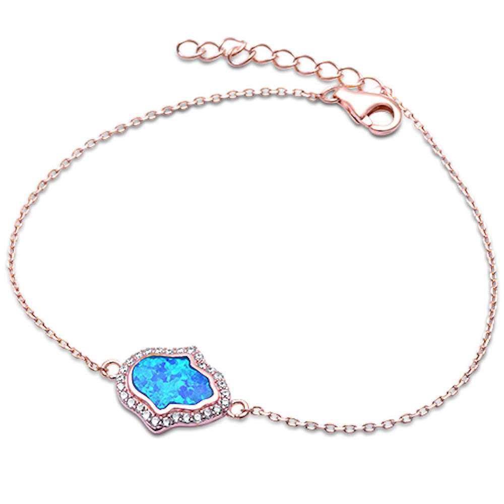Sterling Silver Turkish Rose Gold Plated Blue Opal And Cubic Zirconia Hamsa BraceletAnd Thickness 14mm