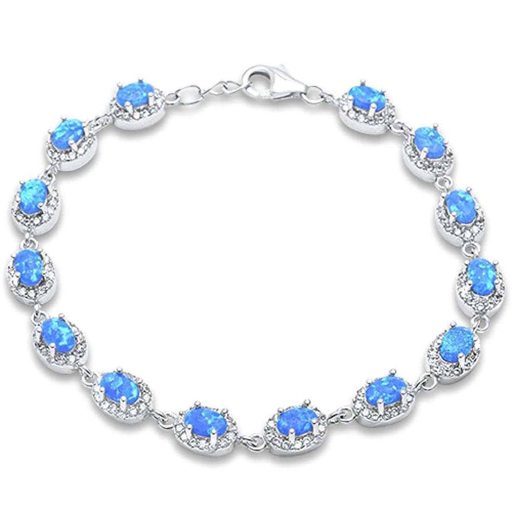 Sterling Silver Oval Blue Fire Opal and Cubic Zirconia Silver Bracelet with CZ StonesAndWidth 7mm