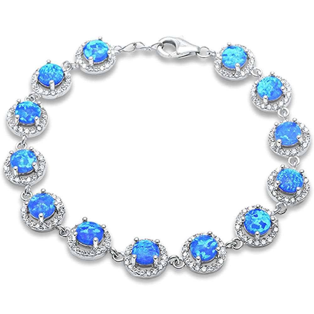 Sterling Silver Halo Blue Opal and Cubic Zirconia Silver Bracelet with CZ StonesAndWidth 10mm