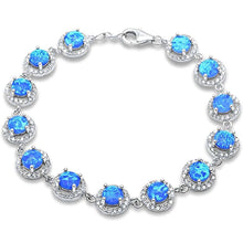 Load image into Gallery viewer, Sterling Silver Halo Blue Opal and Cubic Zirconia Silver Bracelet with CZ StonesAndWidth 10mm