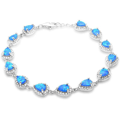 Sterling Silver Pear Shape Blue Opal and Cubic Zirconia Silver Bracelet with CZ StonesAndWidth 8mm
