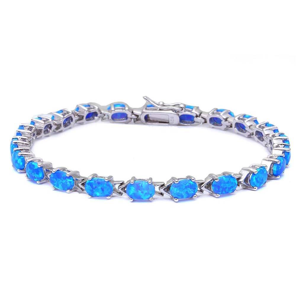 Sterling Silver Oval Blue Opal .925 BraceletAnd Width 4mm