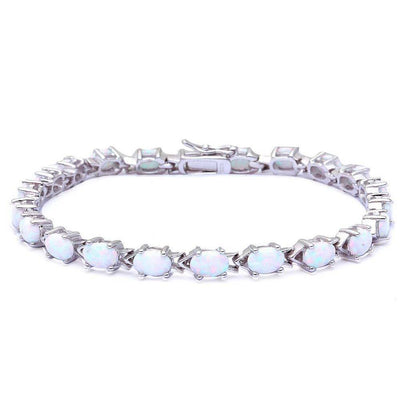 Sterling Silver Oval White Opal  BraceletAnd Width 4mm