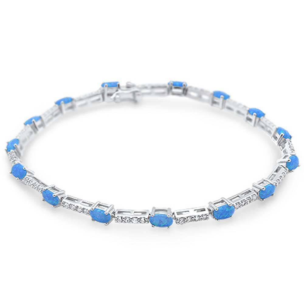 Sterling Silver Oval Blue Opal and Cz Bracelet
