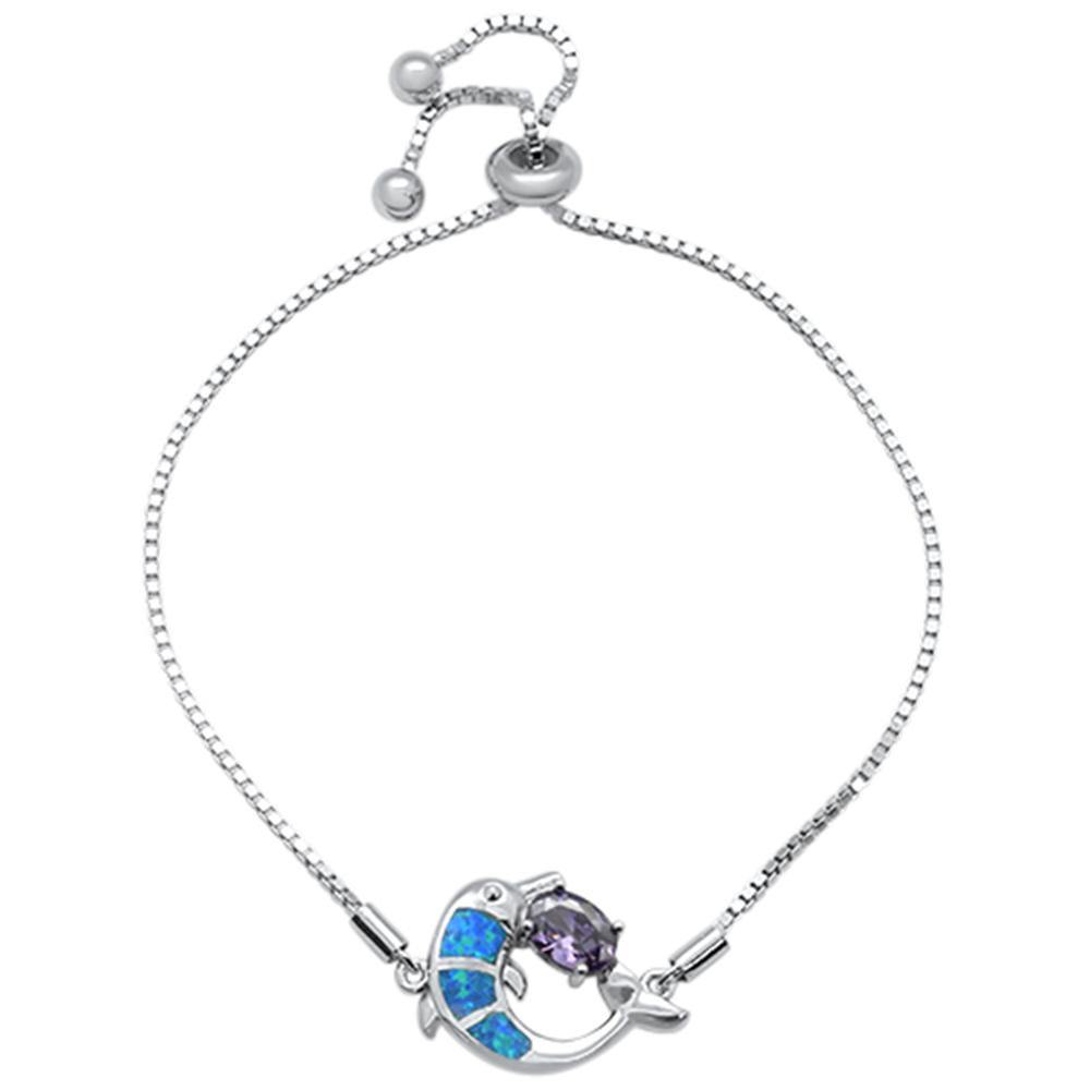 Sterling Silver Blue Opal Dolphin and Oval Amethyst CZ Adjustable Toggle Bola Bracelet - silverdepot