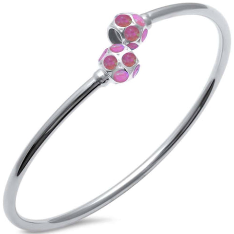 Sterling Silver Pink Opal Ball Cuff .925  Bangle Bracelet 7.5 And Width 8mm