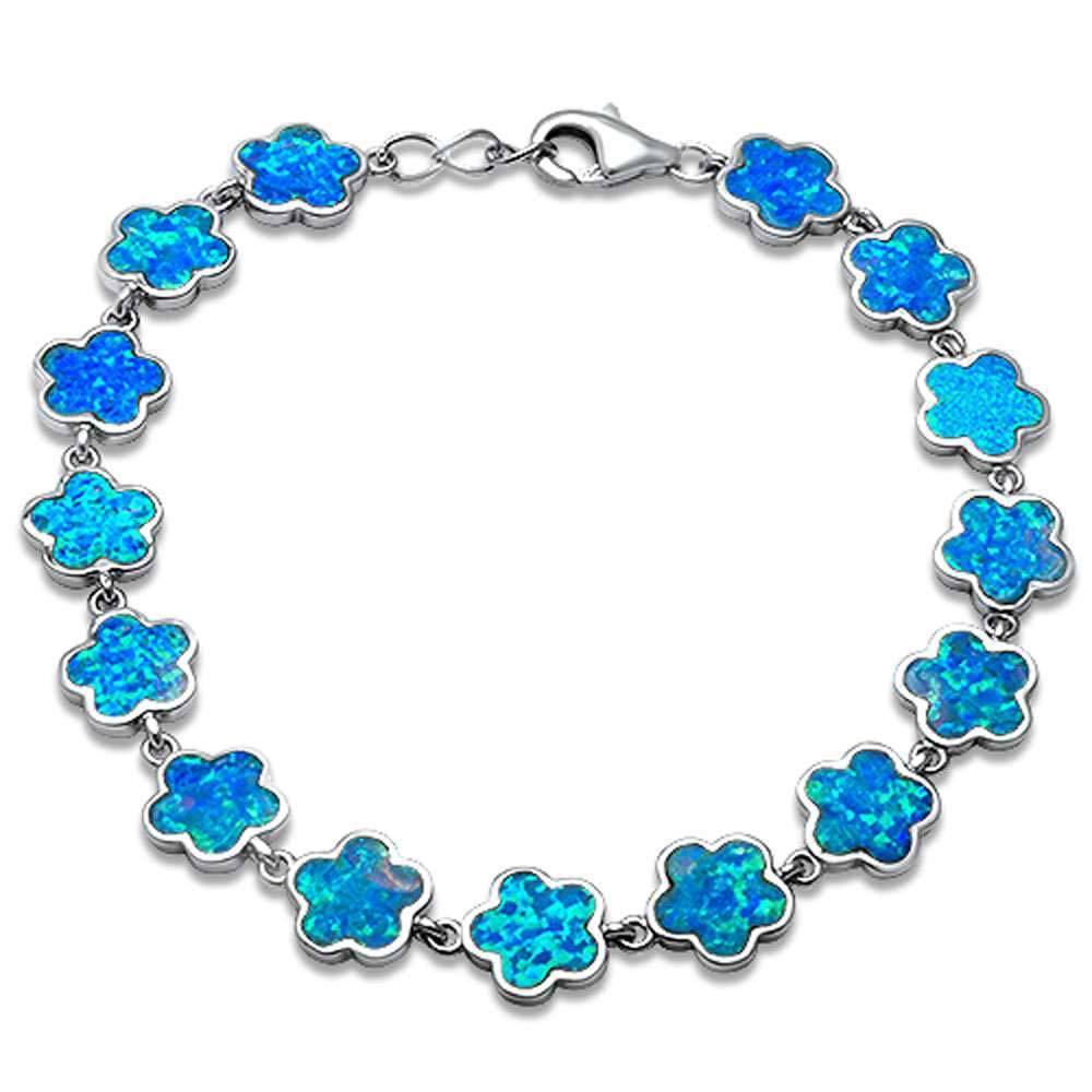 Sterling Silver Blue Opal Flower Bracelet with CZ Stones