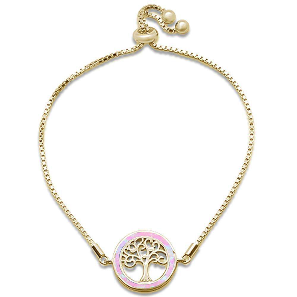 Sterling Silver Yellow Gold Plated Pink Opal Tree Of Life Whimsica Adjustable Toggle Bola Bracelet - silverdepot