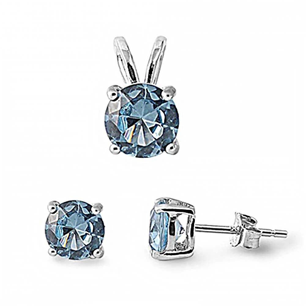 Sterling Silver Round Aquamarine Earring And Pendant Set