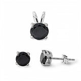 Sterling Silver Round Black Cubic Zirconia Earring And Pendant Set