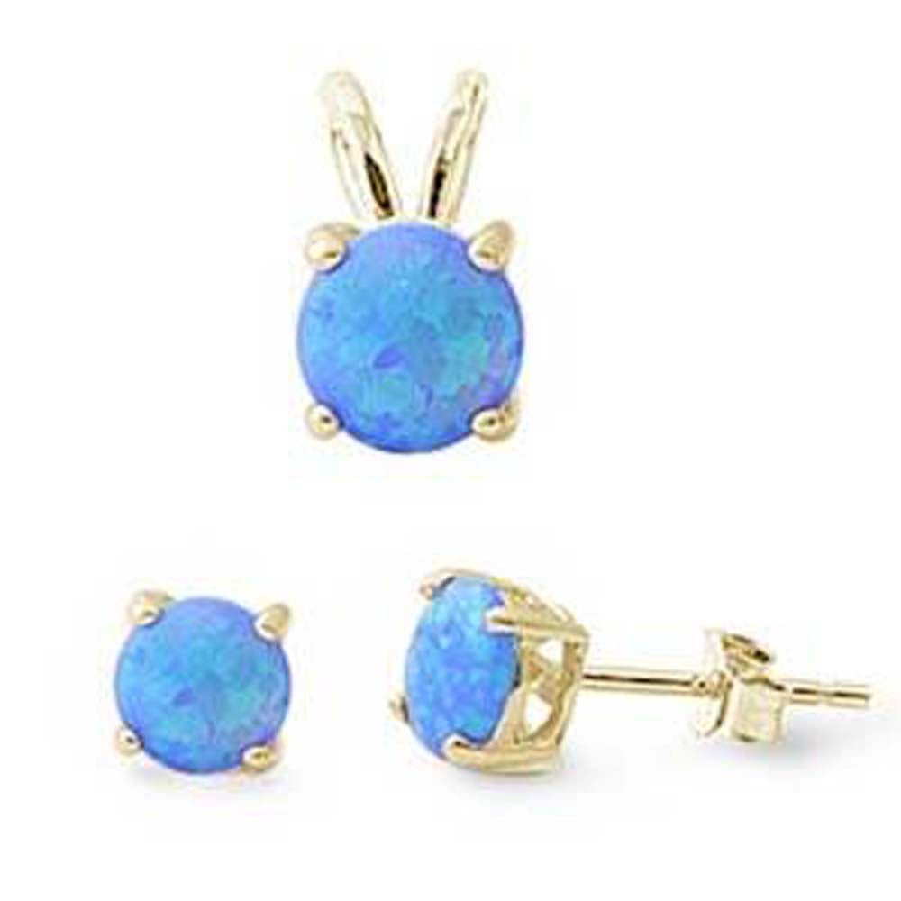 Sterling Silver Yellow Gold Plated Round Blue Opal Earring And Pendant Set