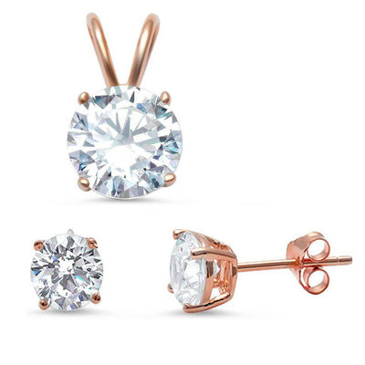 Sterling Silver Rose Gold Plated Round Cz Pendant & Earring Set