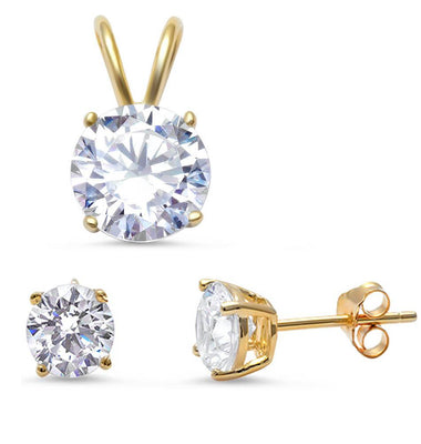 Sterling Silver Yellow Gold Plated Round Cz Pendant & Earring Set