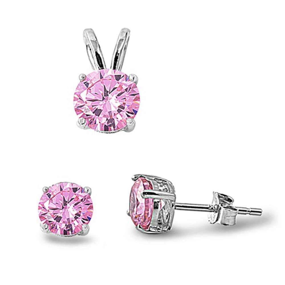 Sterling Silver Round Pink Cz Earring And Pendant Set