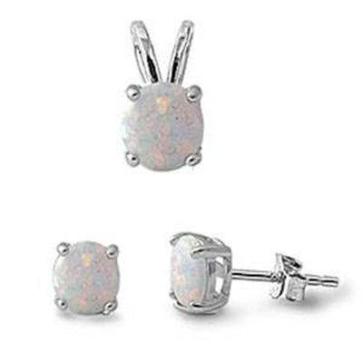 Sterling Silver Round White Opal Pendant And Earrings SetAnd Pendant Stone Width 7mmAnd Earrings Stone Thickness 6mm