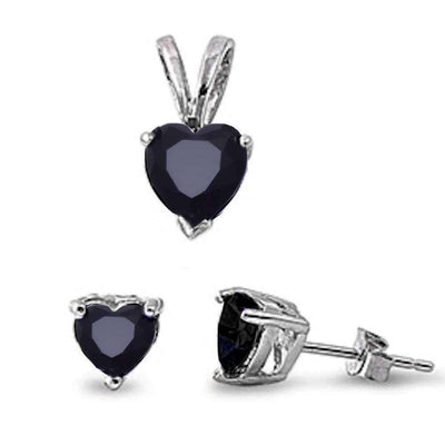 Sterling Silver Black Onyx Heart Earring and Pendant Set and Thickness 7.4mm