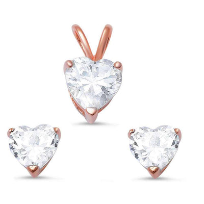 Sterling Silver Rose gold Cubic Zirconia Heart Pendant & Earrings Set and Pendant Length 13mm