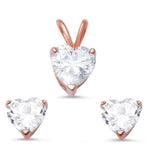 Sterling Silver Rose gold Cubic Zirconia Heart Pendant & Earrings Set and Pendant Length 13mm