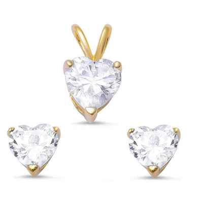 Sterling Silver Yellow gold Cubic Zirconia Heart Pendant & Earrings Set and Pendant Length 13mm