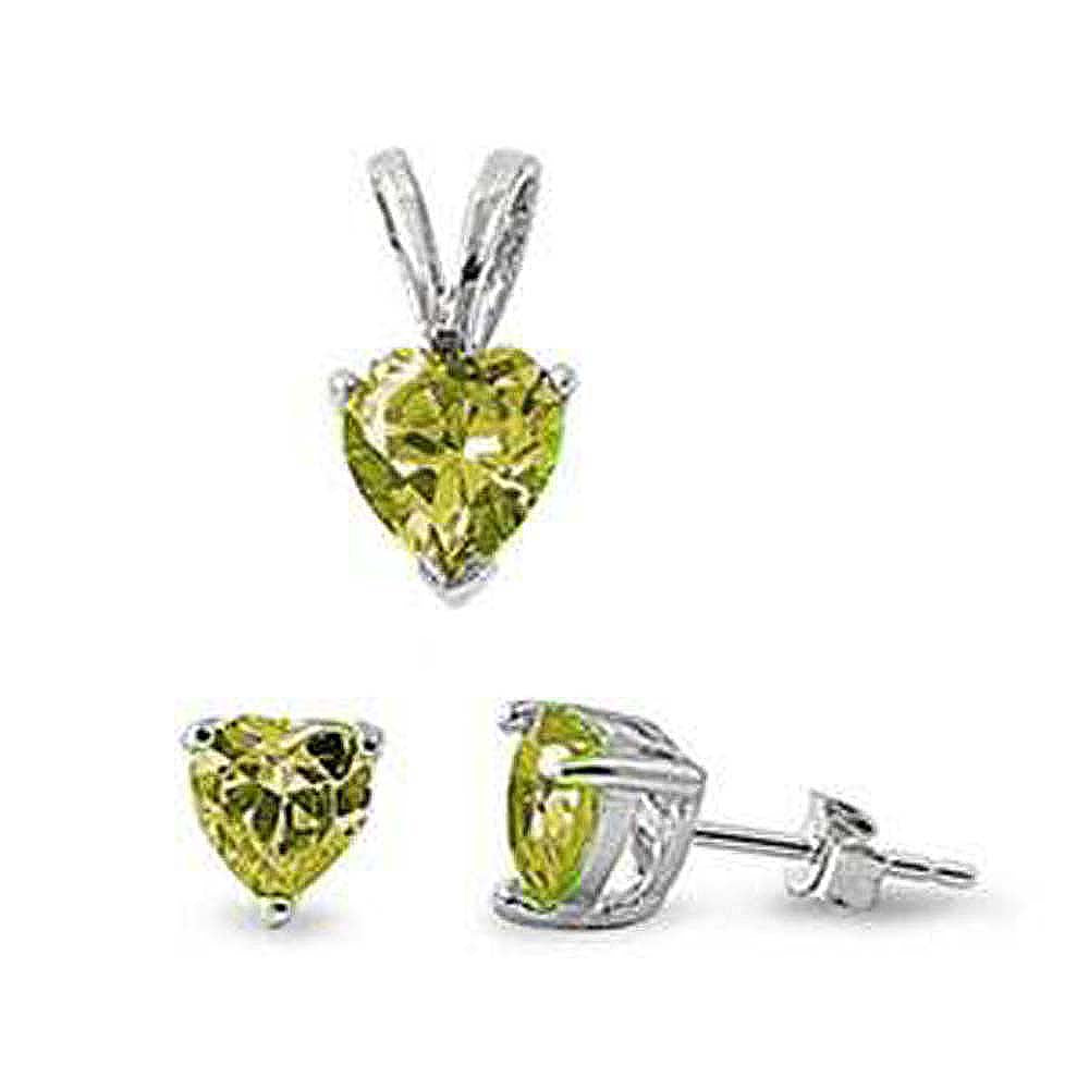 Sterling Silver Peridot Heart .925 Earring And Pendant SetAnd Thickness 7.4mm