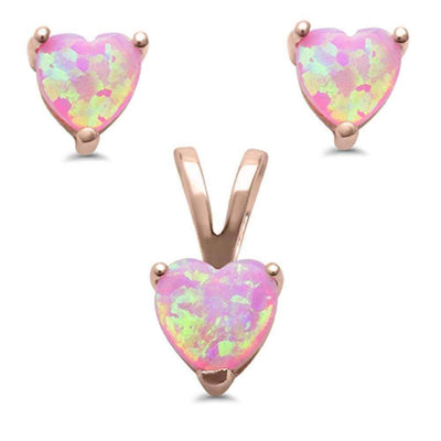 Sterling Silver Rose Gold Plated Pink Opal Heart Silver Pendant and Earring Set, Width 7x7 mm, thickness 6x6mm