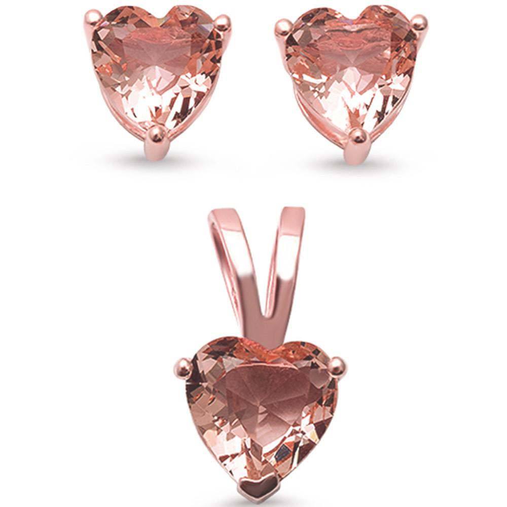 Sterling Silver Rose Gold Plated Morganite Heart Pendant And Earrings Set .925