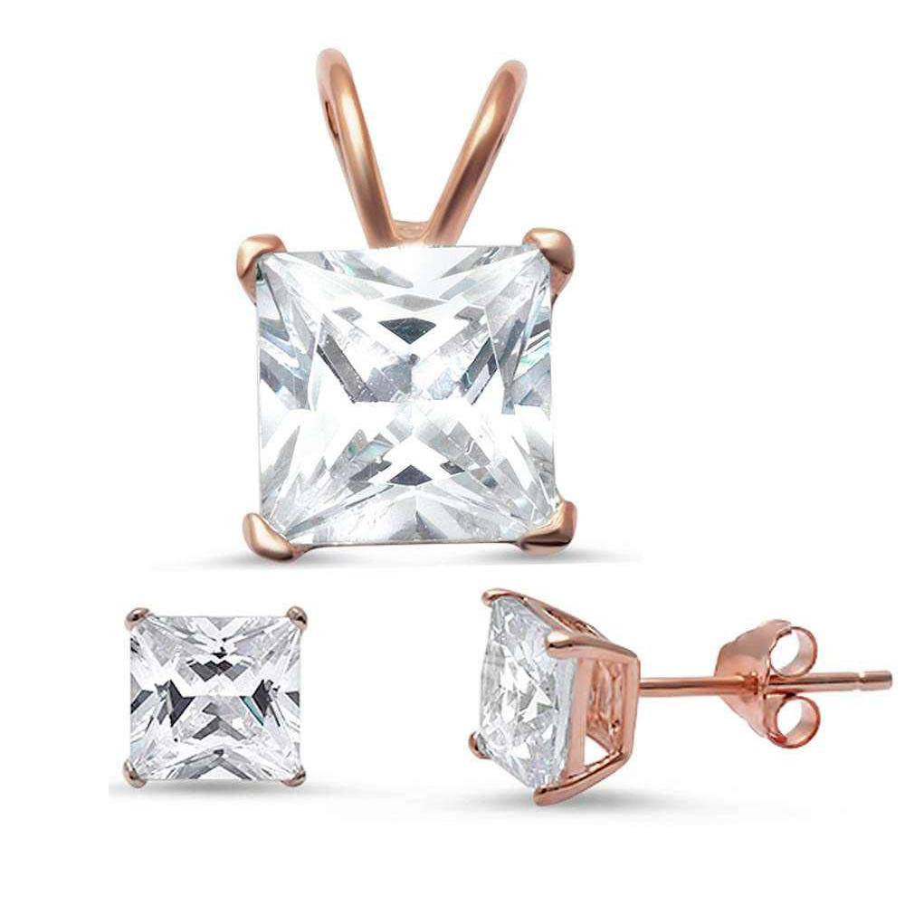 Sterling Silver Rose Gold Plated Princess Cut Cz Pendant & Earrings Set