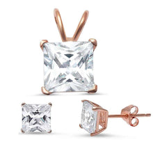 Load image into Gallery viewer, Sterling Silver Rose Gold Plated Princess Cut Cz Pendant &amp; Earrings Set