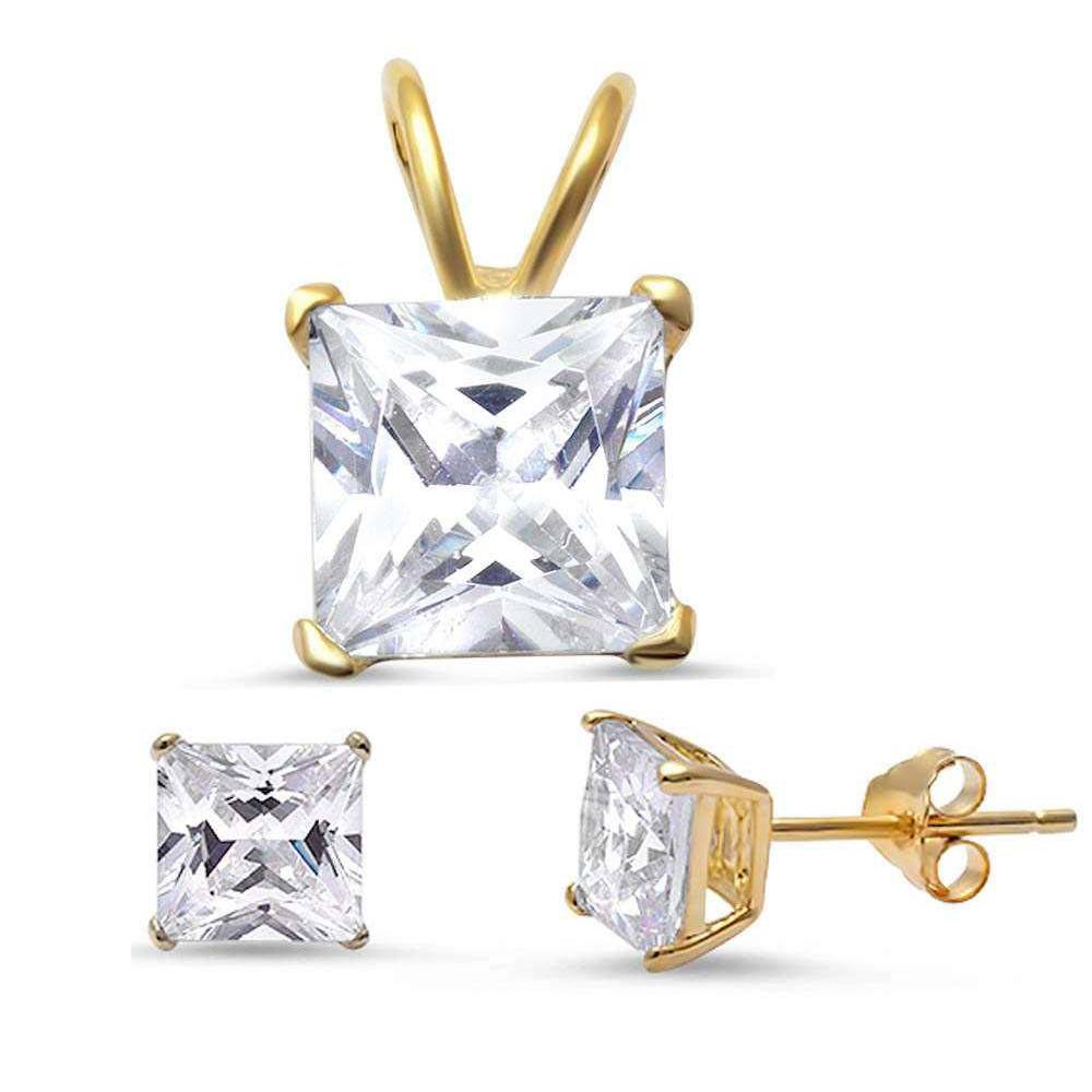 Sterling Silver Yellow Gold Plated Princess Cut Cz Pendant And Earring Set And Pendant Length 13mmAnd Earring Thickness 6mm