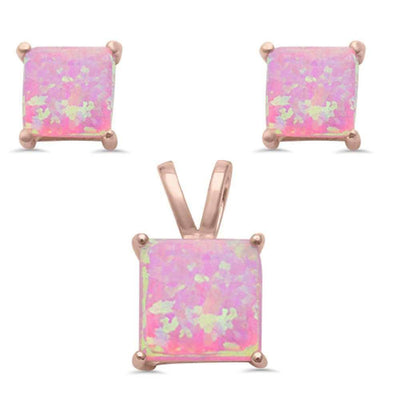 Sterling Silver Rose Gold Plated Princess Pink Opal Silver Pendant and Earring SetAndWidth 8x8Andthickness 6x6