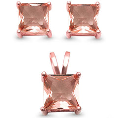 Sterling Silver Rose Gold Plated Square Princess Solitaire Morganite Silver Earring And Pendant SetAnd Width 7mm