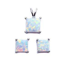 Sterling Silver Princess Cut White Opal Earrings And Pendant Set