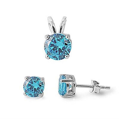 Sterling Silver Round Blue Cz Sterling Silver Pendant & Earrings Set