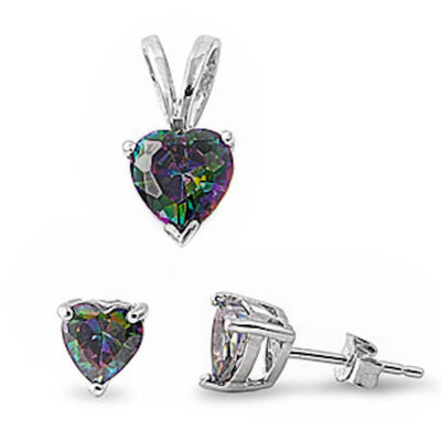 Sterling Silver Rainbow Cz Heart Pendant and Earrings Set