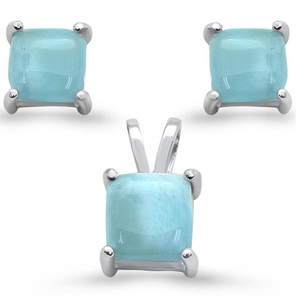 Sterling Silver Natural Larimar Princess Cut Earring Pendant Set