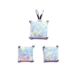 Sterling Silver Princess Cut White Opal Earring and Pendant Set